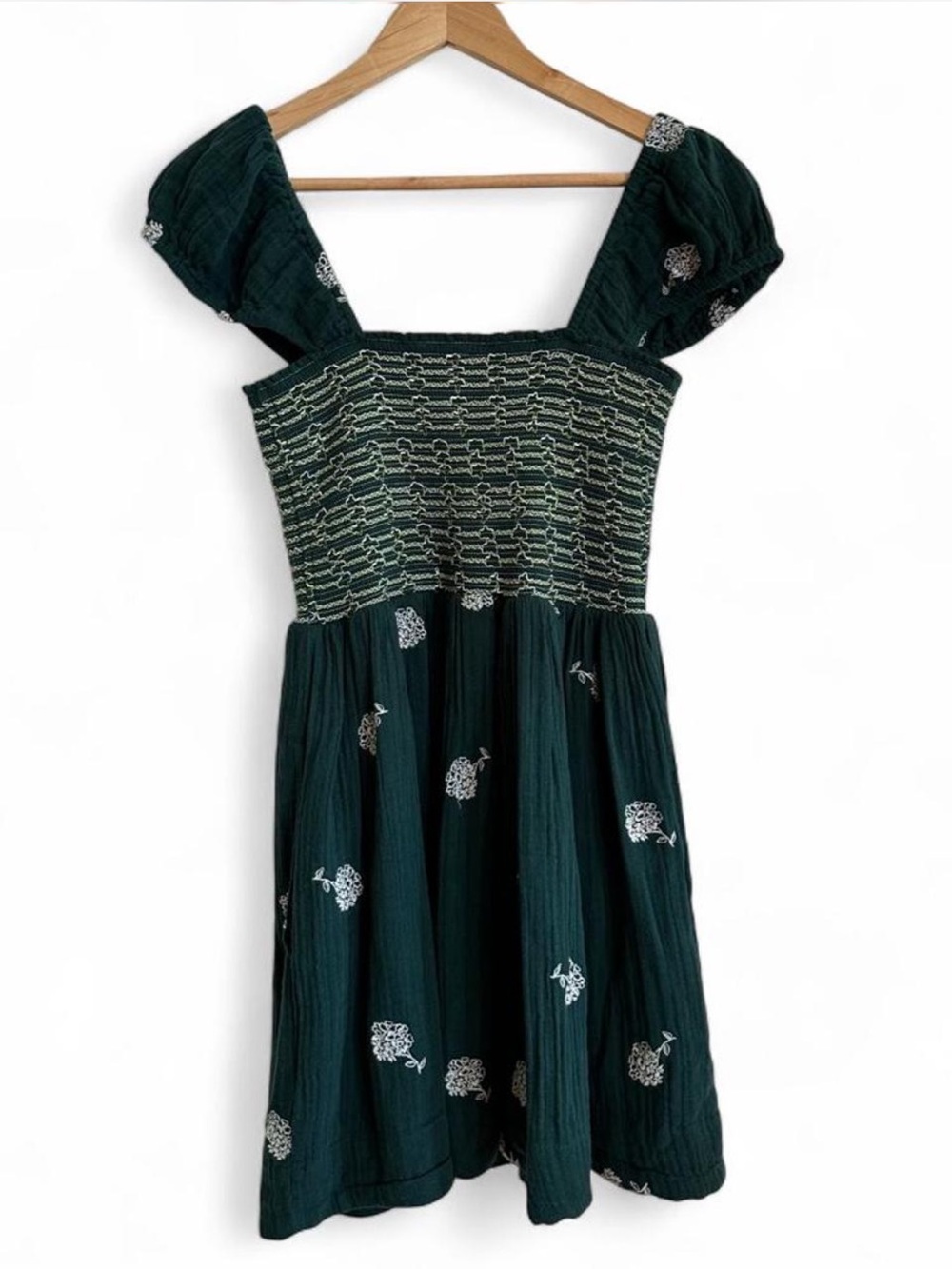 Free People Green Embroidered Smocked Babydoll Mini Dress Cotton Small - Picture 2 of 8